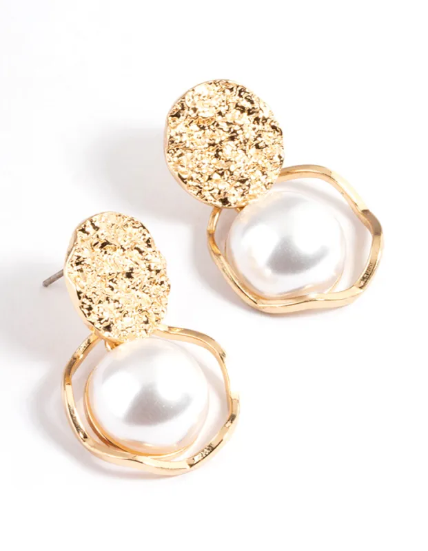 Gold Textured Open Pearl Drop Earrings sold by lovisa