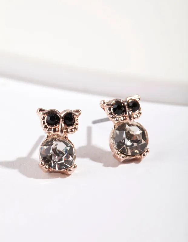 Rose Gold Diamante Owl Stud Earrings made by lovisa