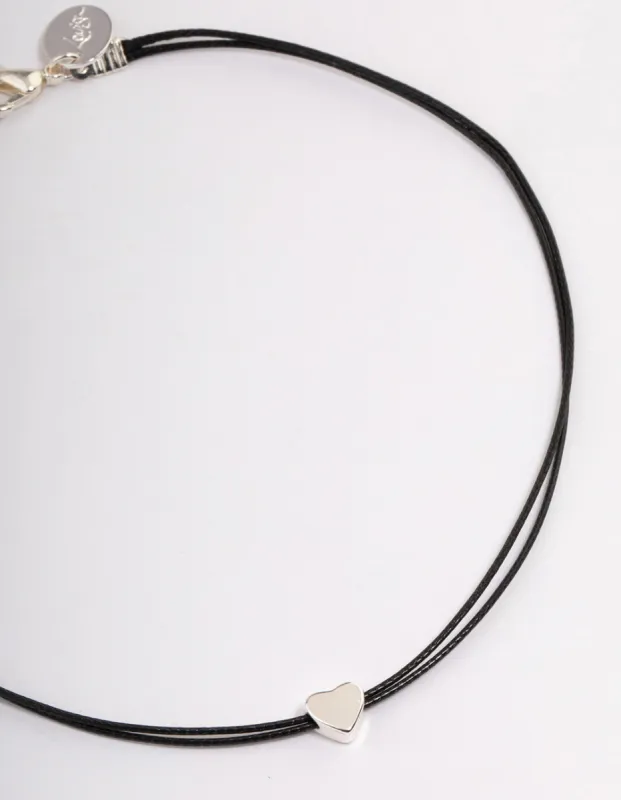 Silver Mini Heart Black Cord Choker sold by lovisa