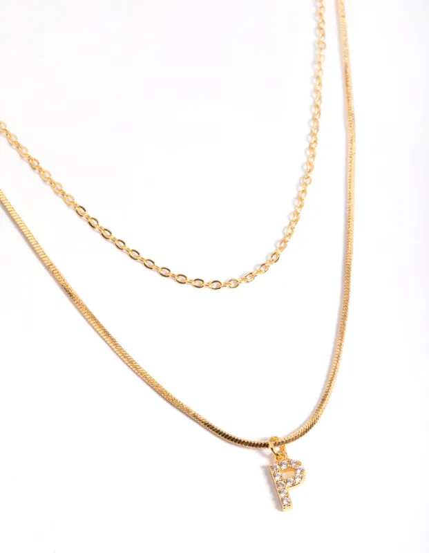 Letter P Gold Plated Layered Diamante Initial Necklace sold by lovisa