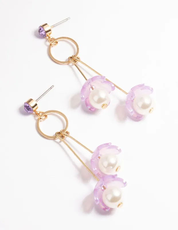 Purple & Pearl Flower Drop Earrings sold by lovisa