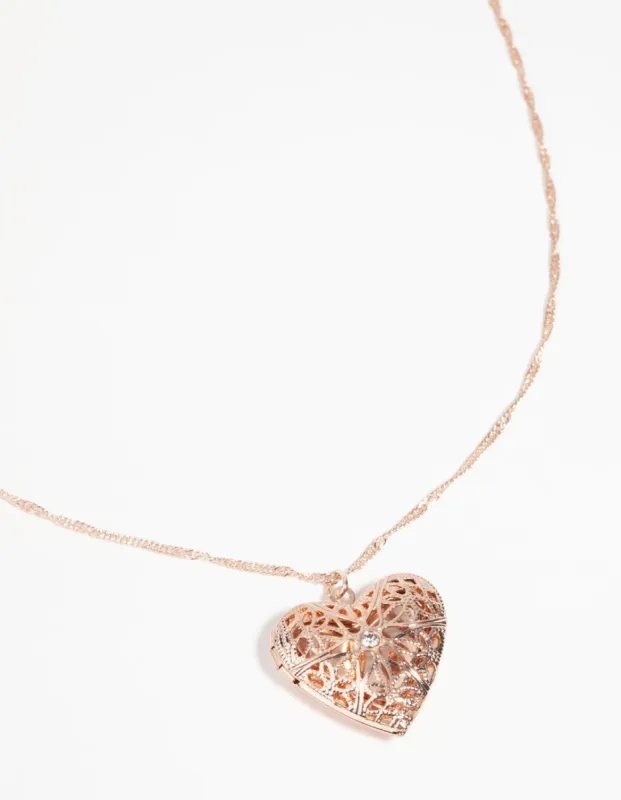 Rose Gold Diamante Heart Locket Necklace sold by lovisa