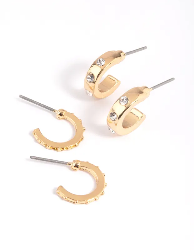 Gold Text & Diamante Huggie Hoop Earring Set sold by lovisa