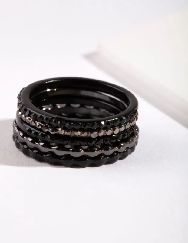 Black Fine Diamante Ring Stack sold by lovisa
