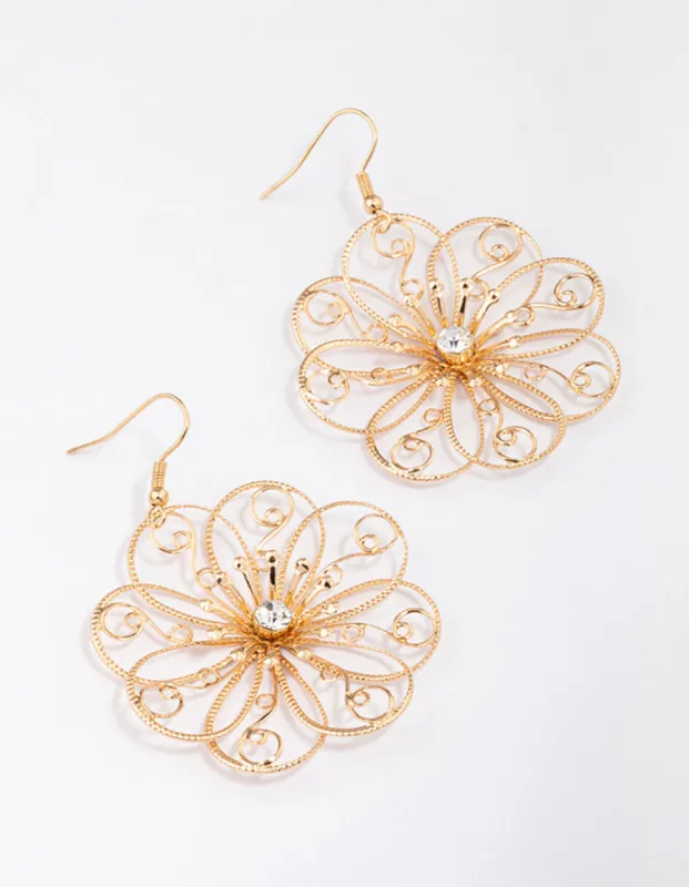 Gold Diamante Wire Swirly Flower Drop Earrings sold by lovisa
