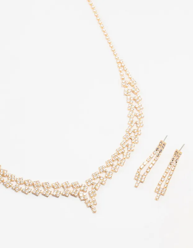 Gold Cubic Zirconia 2 Row Necklace and Earrings Set sold by lovisa