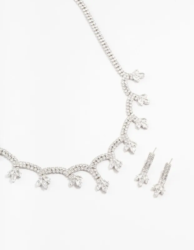 Silver Scallop Cubic Zirconia Flower Necklace & Earrings Set sold by lovisa