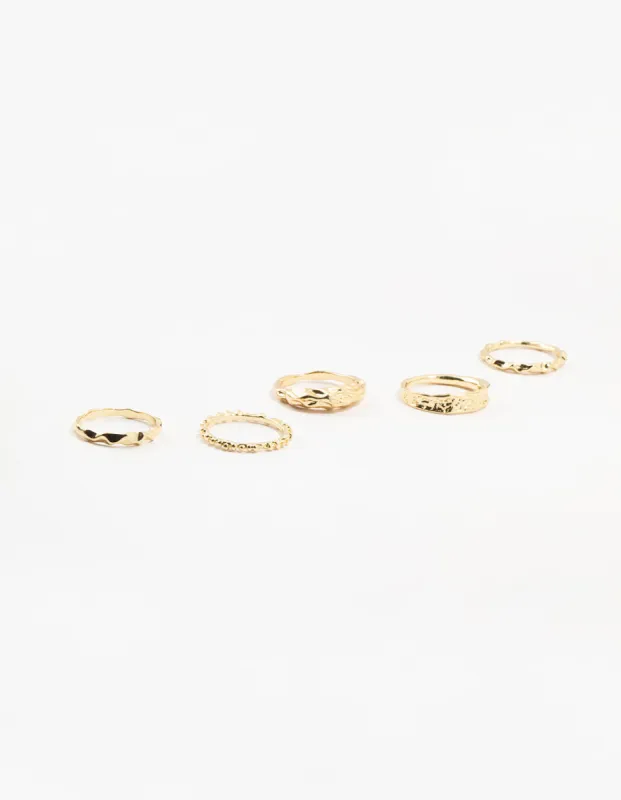 Gold Plated Textured Metal Rings 5-Pack sold by lovisa