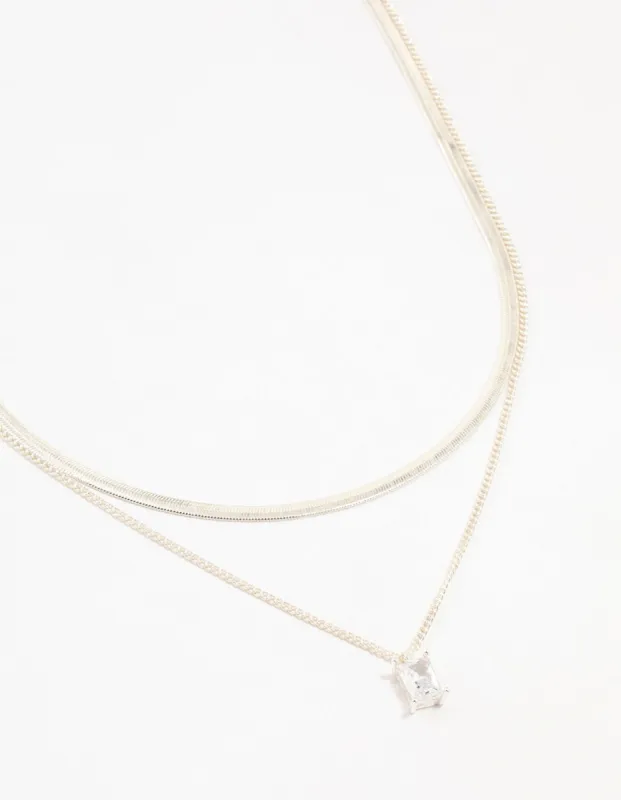 Silver Plated Baguette Diamante & Snake Chain Necklaces 2-Pack sold by lovisa