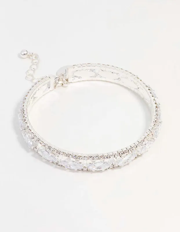 Silver Cubic Zirconia Marquise Statement Bangle Bracelet sold by lovisa