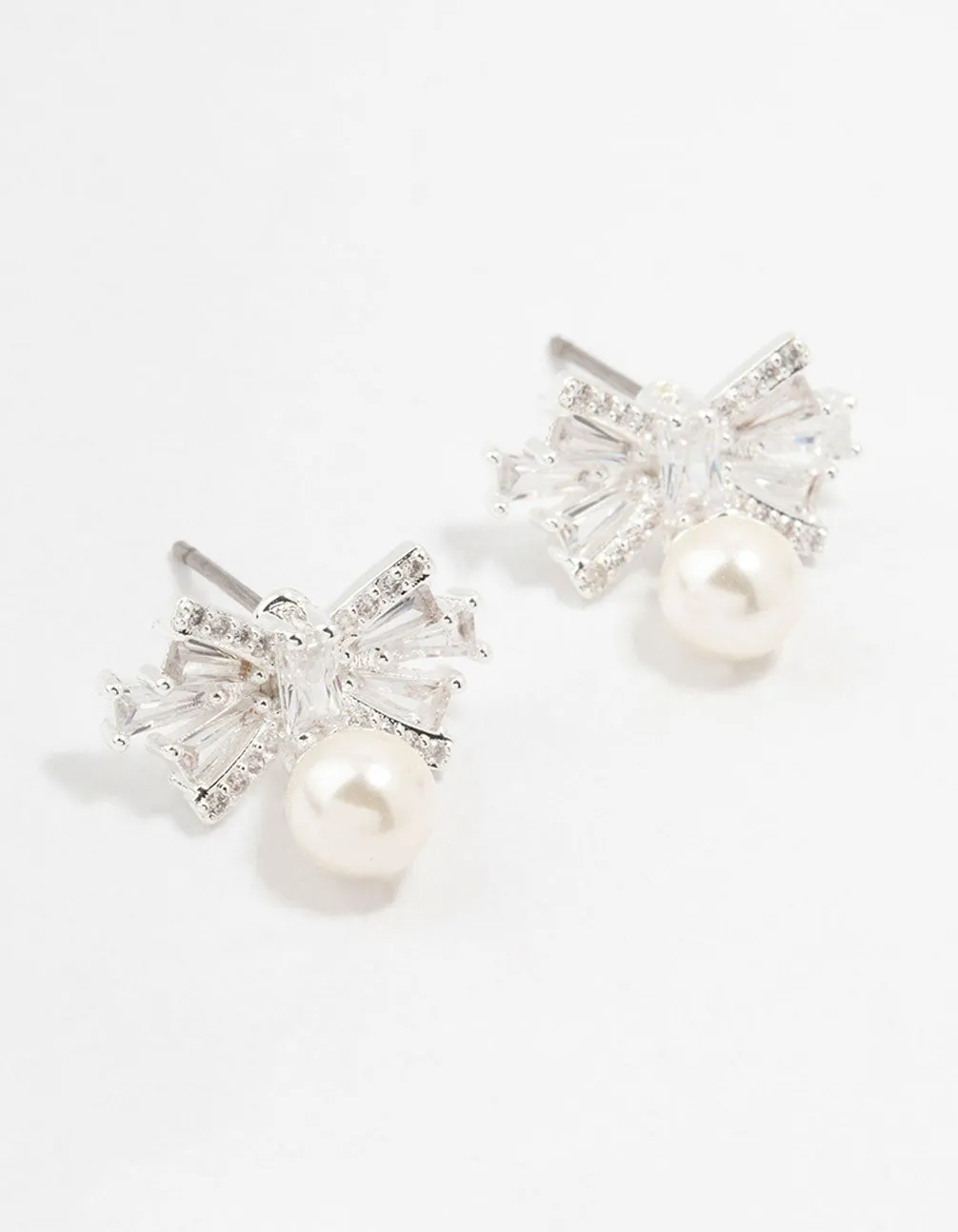 Small Cubic Zirconia Bow & Pearl Silver Stud Earrings sold by lovisa
