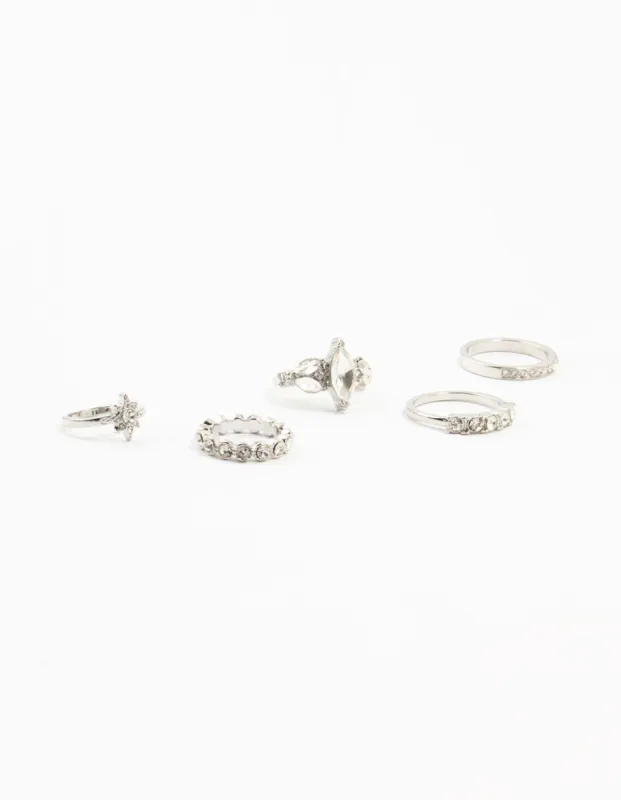Silver Mixed Diamante Rings 5-Pack sold by lovisa