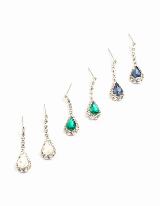 Silver Teardrop Diamante Drop Earrings 3-Pack sold by lovisa