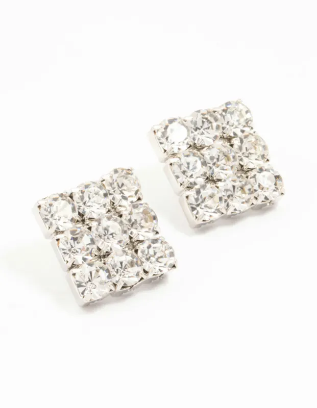 Silver Circular Diamante Square Statement Studs sold by lovisa