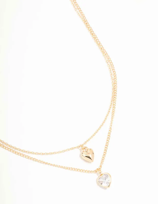 Gold Puffy Heart & Diamante Layered Necklace sold by lovisa