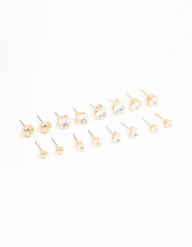 Gold Mixed Shaped Diamante Stud Earrings 8-Pack made by lovisa
