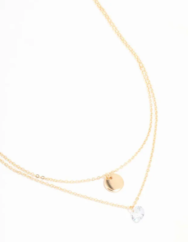 Gold Disc & Diamante Layered Necklace sold by lovisa