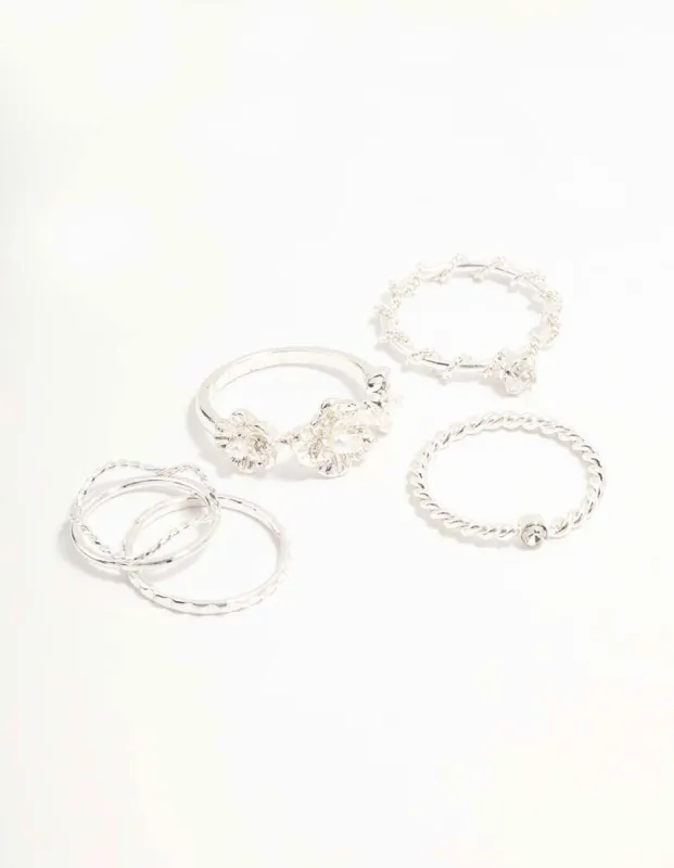 Silver Twisted, Sleek & Diamante Flower Style Rings 6-Pack sold by lovisa
