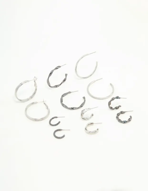 Mixed Shade Silver Twisted & Sleek Hoop Earrings 6-Pack sold by lovisa