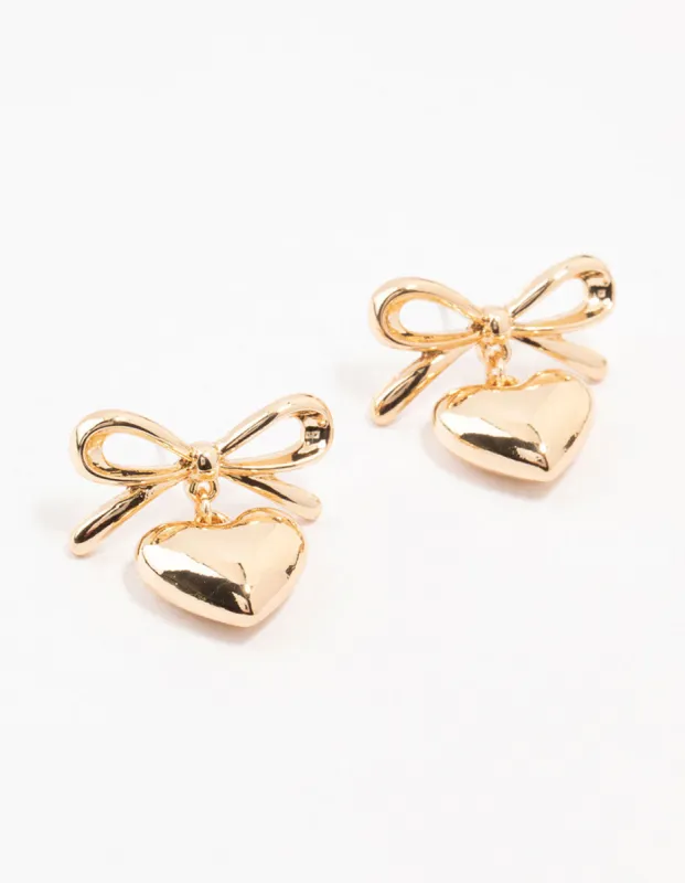 Gold Bow & Puffy Heart Drop Earrings sold by lovisa