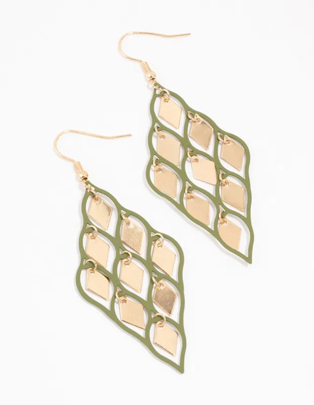 Gold & Green Diamond Cut Out Drop Earrings sold by lovisa