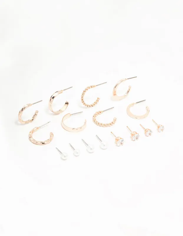 Rose Gold Pearl & Diamante Hoop Earrings 8-Pack sold by lovisa