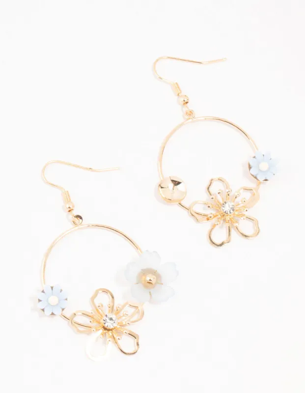 Gold Acrylic Blue Flower Round Drop Earrings sold by lovisa