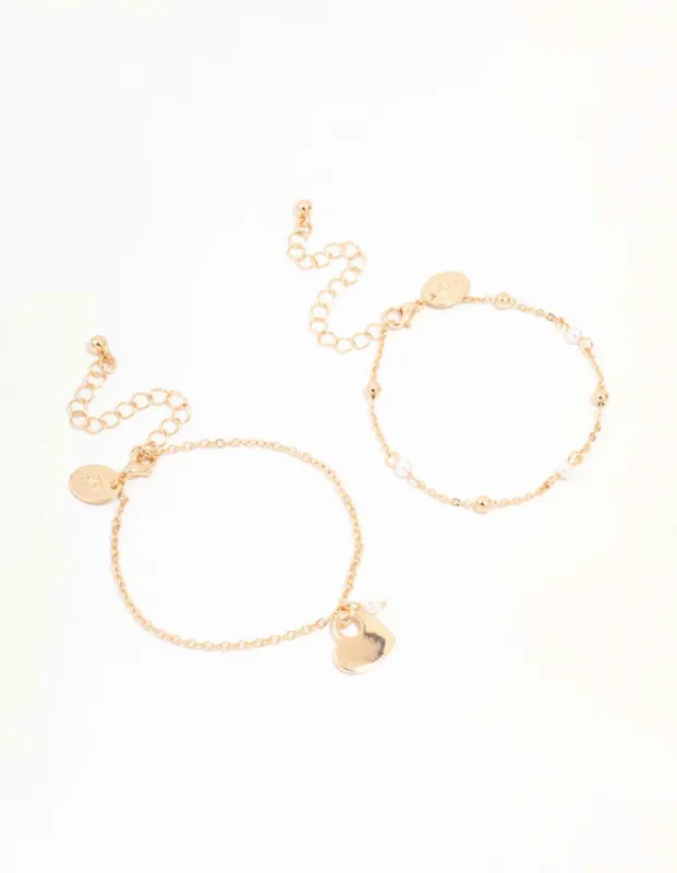 Gold Pearl & Heart Bracelets 2-Pack sold by lovisa