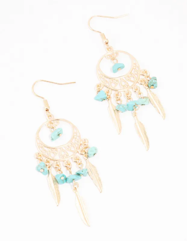 Turquoise Semi Precious Dream Catcher Gold Drop Earrings sold by lovisa