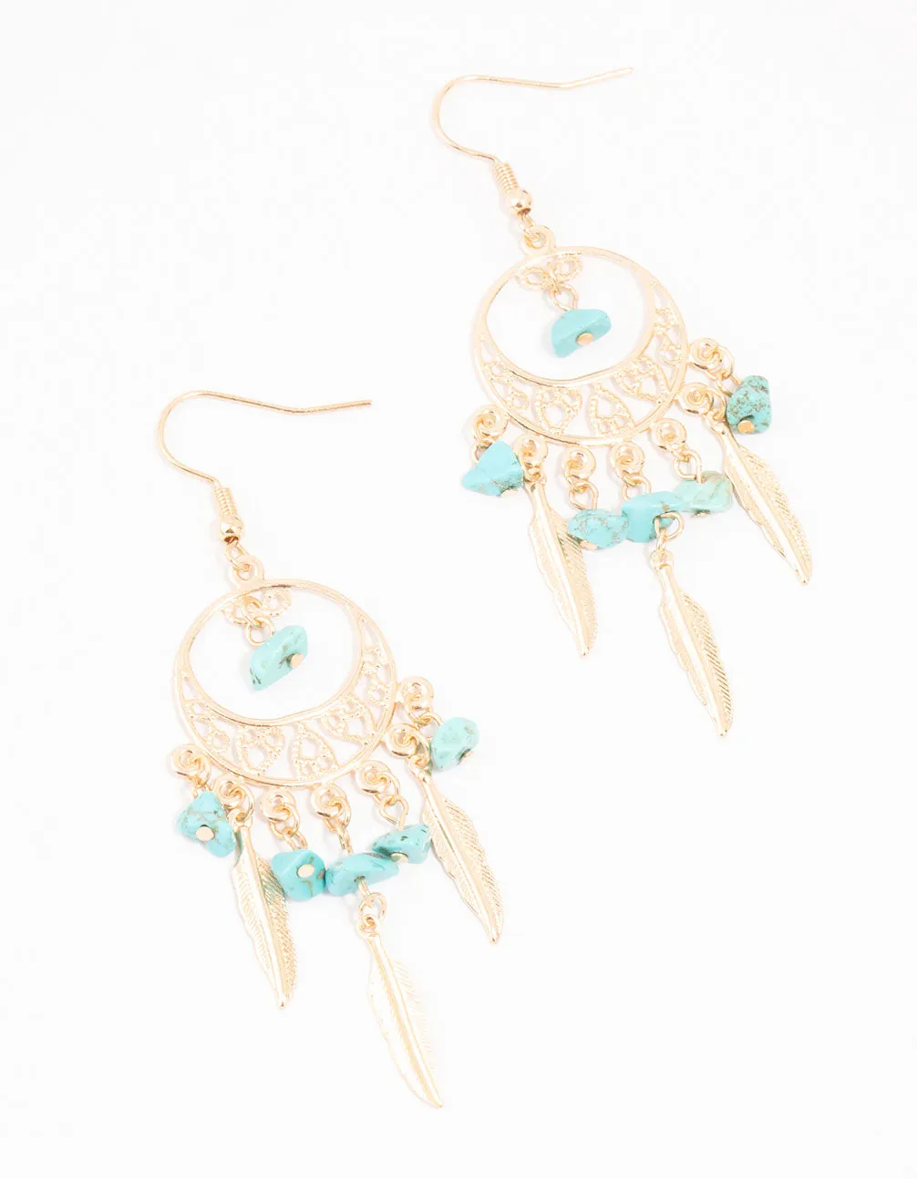 Turquoise Semi Precious Dream Catcher Gold Drop Earrings sold by lovisa