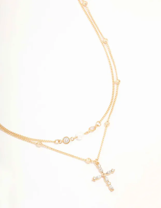 Gold Layered Diamante Cross & Pearl Necklace sold by lovisa