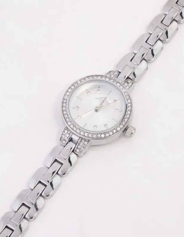 Small Silver Diamante Round Strap Watch sold by lovisa