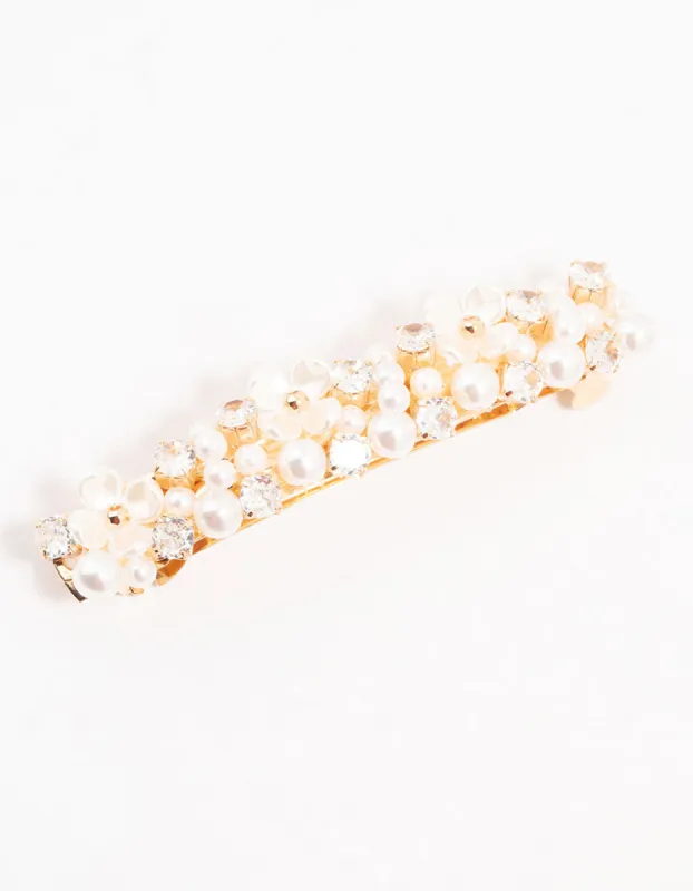 Pearl & Cubic Zirconia Flower Gold Hair Clip sold by lovisa