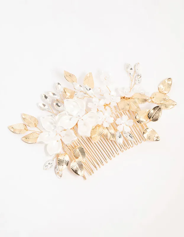 Gold Mixed Flower & Leaf Hair Comb sold by lovisa