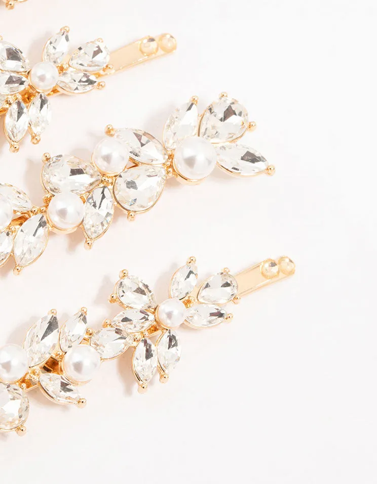 Gold Leafy Diamante Crystal & Freshwater Pearl Hair Clips 4-Pack sold by lovisa product image thumbnail 3