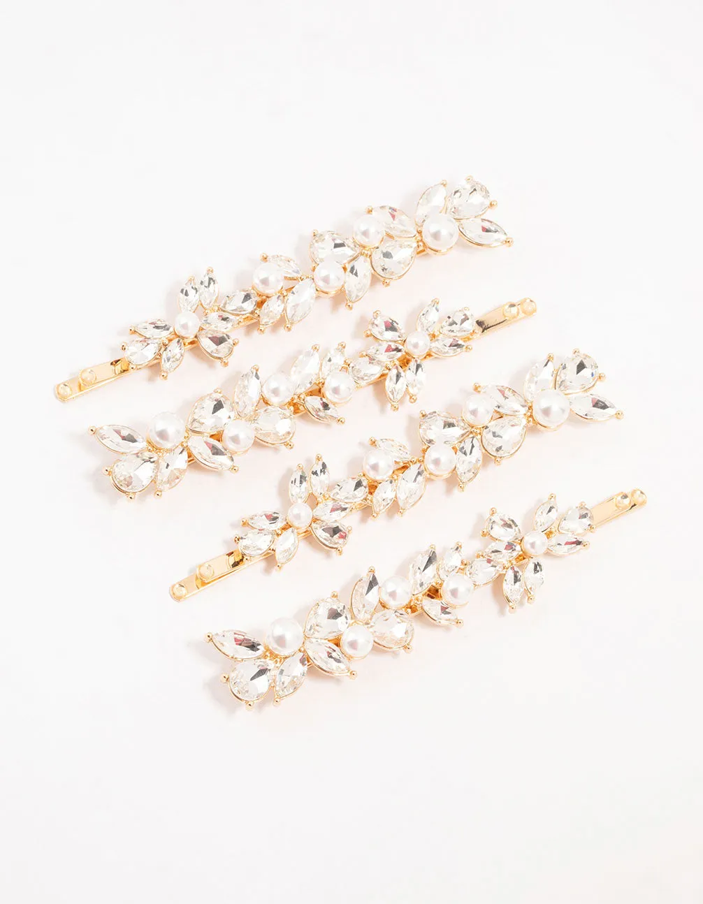 Gold Leafy Diamante Crystal & Freshwater Pearl Hair Clips 4-Pack sold by lovisa