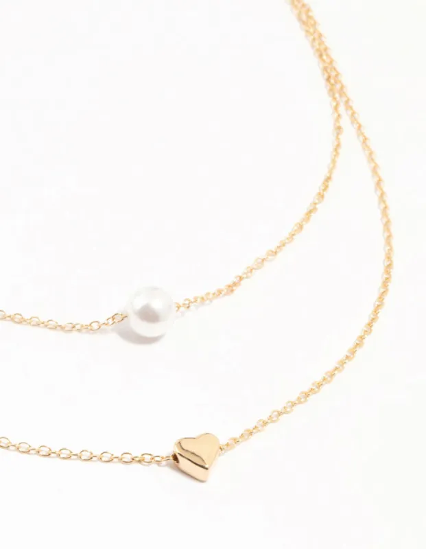 Gold Double Chain Pearl & Heart Necklace sold by lovisa
