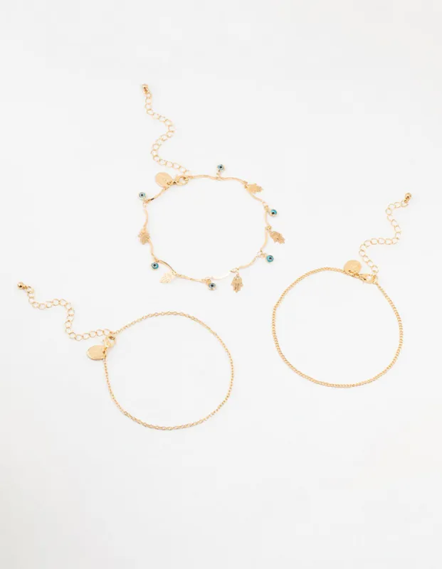 Gold Evil Eye & Hamsa Hand Anklets 3-Pack sold by lovisa