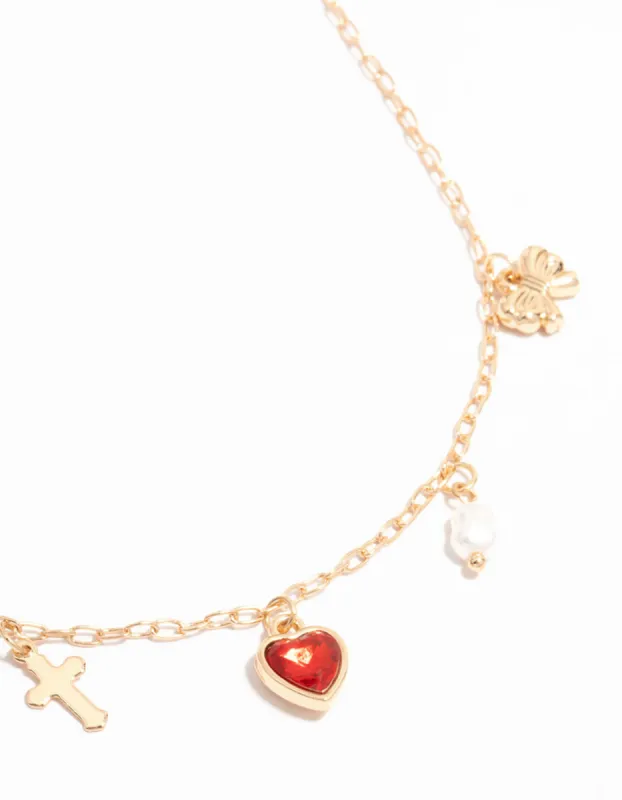 Gold Heart, Butterfly, Cross & Pearl Charm Necklace sold by lovisa