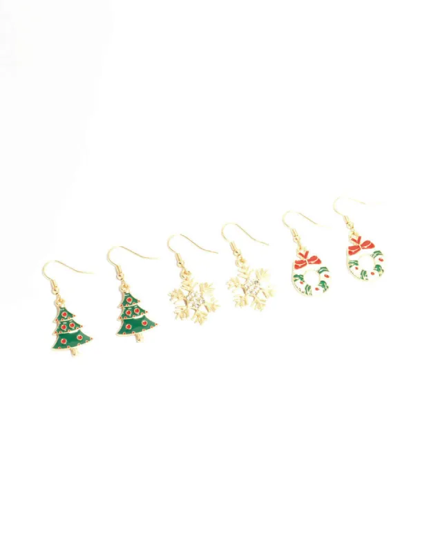 Wreath, Tree & Snowflake Drop Earrings 3-Pack sold by lovisa