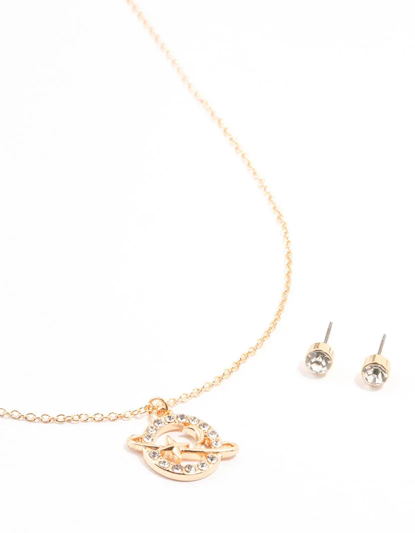 Gold Diamante Planet Necklace & Stud Earrings Set sold by lovisa