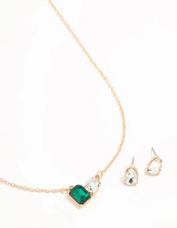 Green Diamante Teardrop Necklace & Stud Earrings Gold Set sold by lovisa