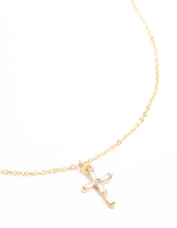 Gold Baguette Cut Diamante Cross Necklace sold by lovisa