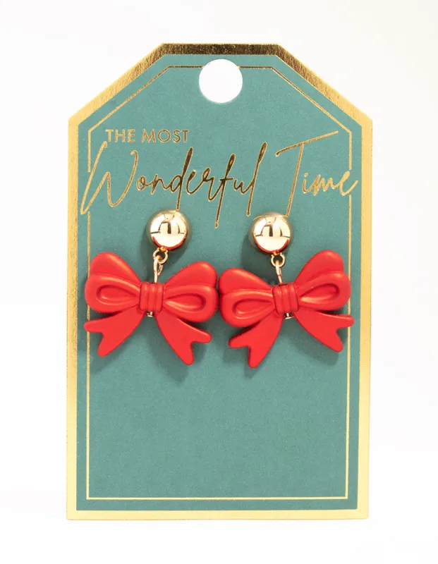 Red Pearlised Bow Drop Earrings sold by lovisa