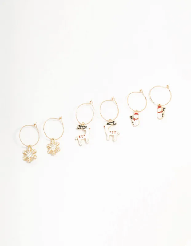 Gold Reindeer & Winter Charms Hoop Earrings 3-Pack sold by lovisa