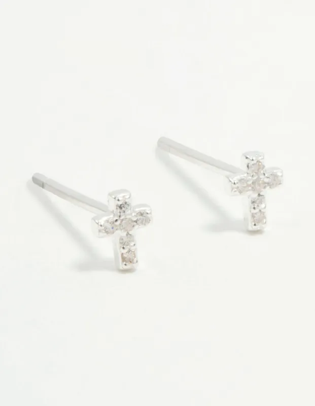 Sterling Silver Mini Cubic Zirconia Cross Stud Earrings sold by lovisa