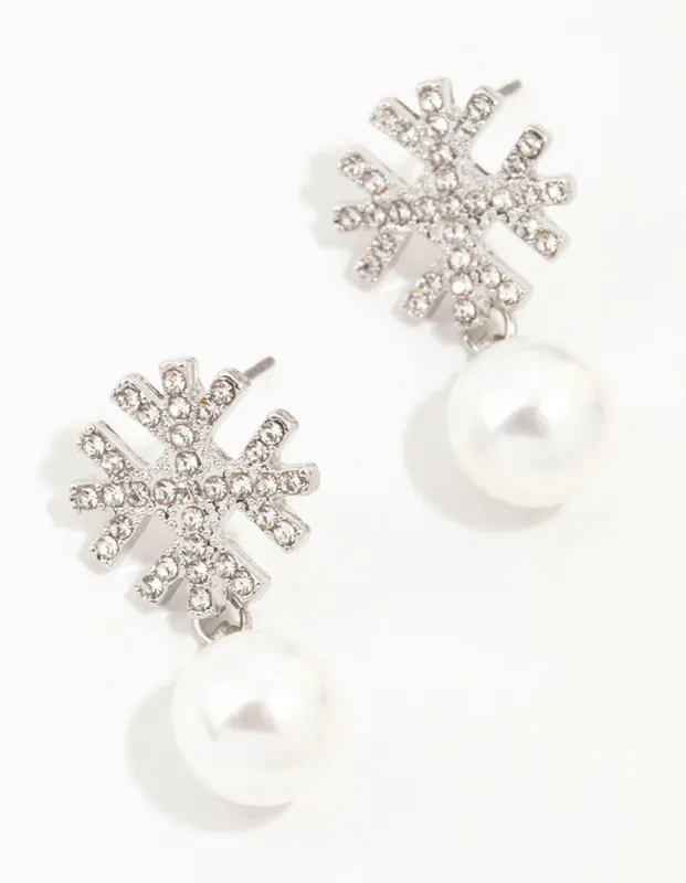Rhodium Diamante Snowflake & Pearl Drop Earrings sold by lovisa