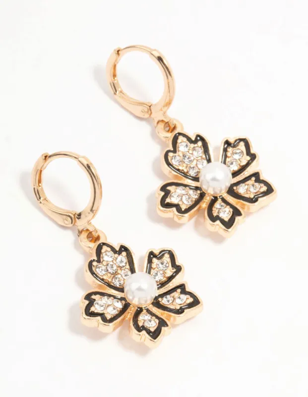 Gold Clicker Pearl Flower Drop Earrings sold by lovisa