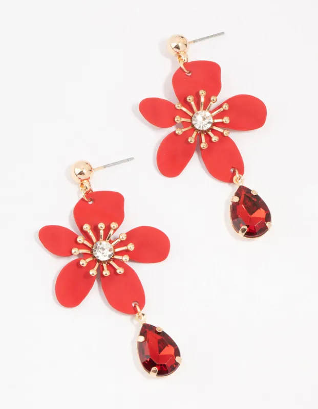 Red Coated Metal Flower Pear Diamante Drop Earrings sold by lovisa