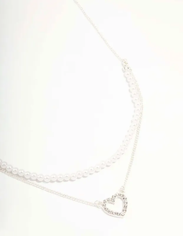 Silver Pearl & Diamante Heart Layered Necklace sold by lovisa